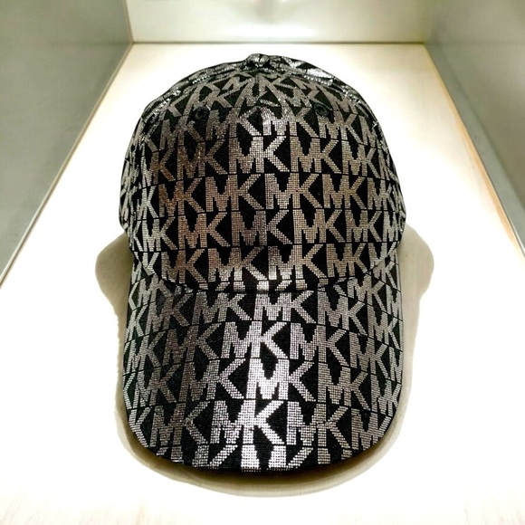 Michael Kors Monogrammed Black & Silver Metallic Baseball Cap OS NWT - Picture 1 of 14